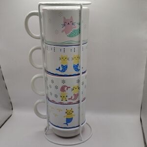 Signature Housewares Mermaid Cat Set (4) Stackable Mugs with Holder.